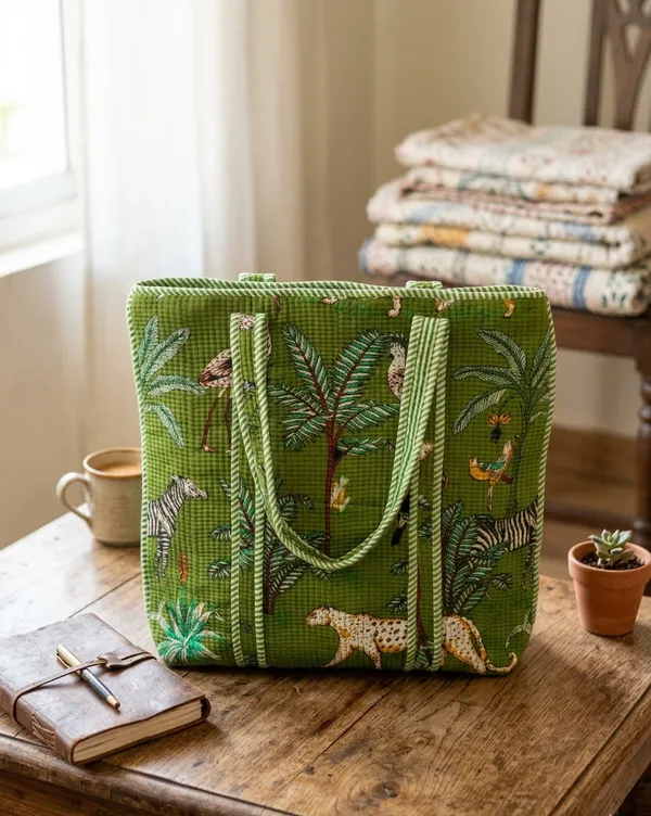 Green_Cotton_Tote_Bags_Kantha_Pattern_For_Women_18"x14"_Inch