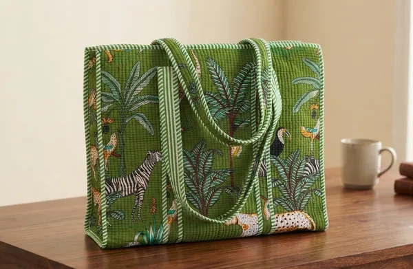 Green_Cotton_Tote_Bags_Kantha_Pattern_For_Women_18"x14"_Inch