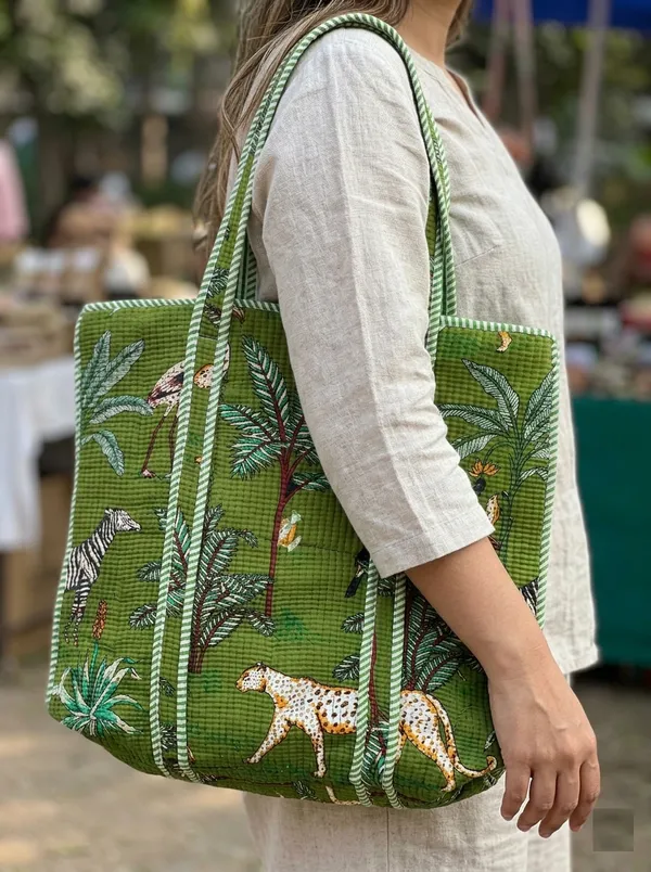 Green_Cotton_Tote_Bags_Kantha_Pattern_For_Women_18"x14"_Inch