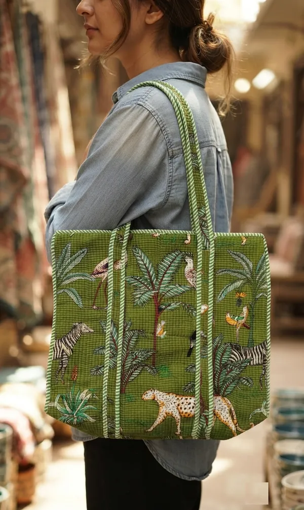 Green_Cotton_Tote_Bags_Kantha_Pattern_For_Women_18"x14"_Inch