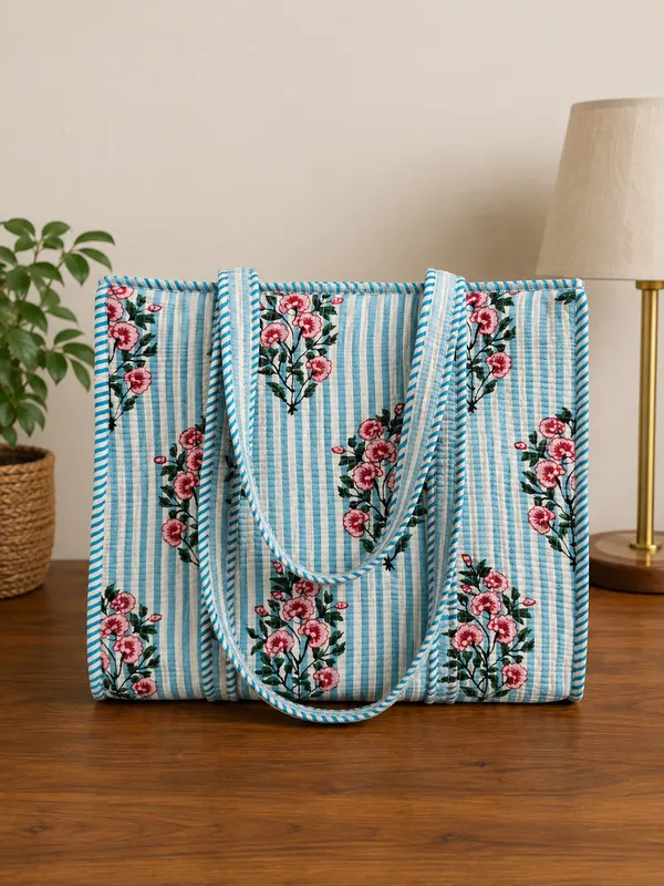 Jaipuri_Flower_Printed_Women_Tote_Bags_Kantha_Quilted_Pattern_Size_14x14_Inch
