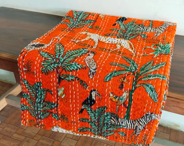 Orange_Jungle_printed_Cotton_kantha_Bedsheet_Size_90x60_Inch