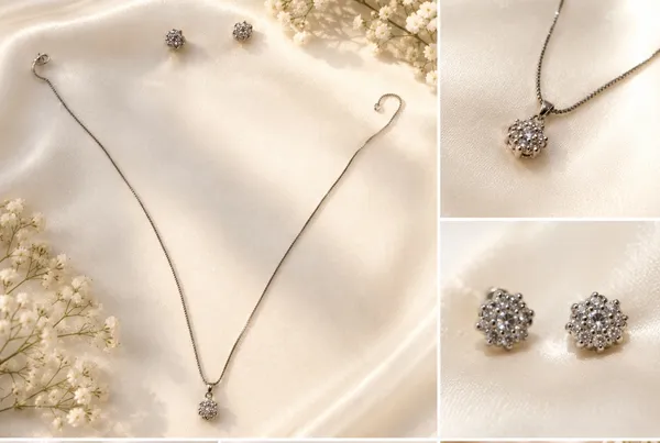 Silver_Cubic_Zirconia_Floral_Pendant_Necklace_Earrings_Set_For_Women