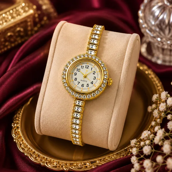 Elegant_Gold-Tone_Kundan_Style_Women's_Bracelet_Watch_with_Free_Earrings_&_Ring_Gift