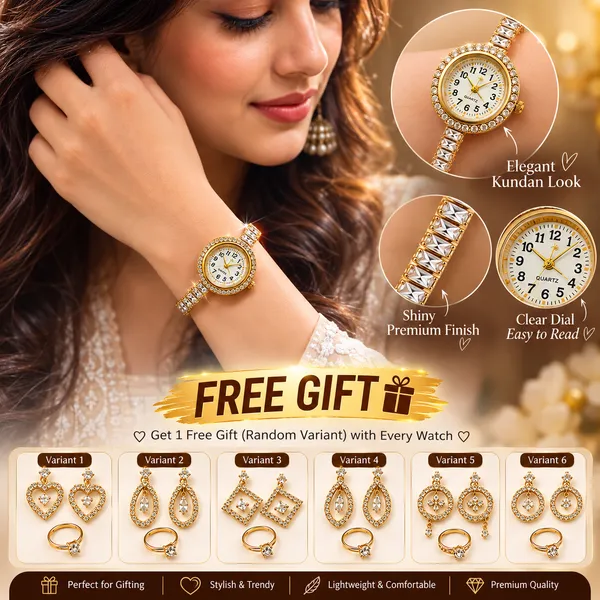 Elegant_Gold-Tone_Kundan_Style_Women's_Bracelet_Watch_with_Free_Earrings_&_Ring_Gift