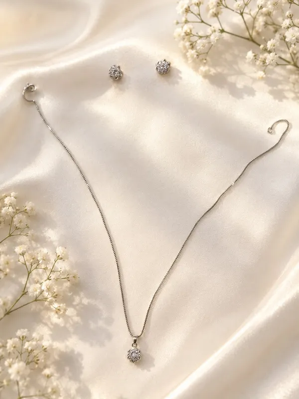Silver_Cubic_Zirconia_Floral_Pendant_Necklace_Earrings_Set_For_Women