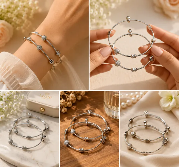 Silver_Metal_Beaded_Charm_Adjustable_Bangle_Set_For_Women