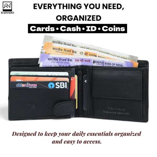 RAZNADO_Genuine_Leather_Wallet_for_Men_(550101_Blk)_–_Premium_Bi-Fold_Wallet_with_Multiple_Card_Slots,_ID_Window,_Zipper_Coin_Pocket_&_Cash_Compartment