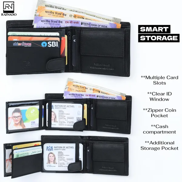 RAZNADO_Genuine_Leather_Wallet_for_Men_(550101_Blk)_–_Premium_Bi-Fold_Wallet_with_Multiple_Card_Slots,_ID_Window,_Zipper_Coin_Pocket_&_Cash_Compartment