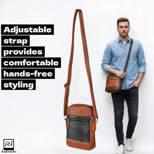 Cognac_Black_Leather_Two-Tone_Front_Zip_Crossbody_Bag_Medium_Size_For_Unisex