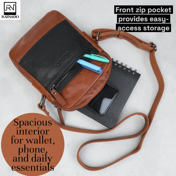 Cognac_Black_Leather_Two-Tone_Front_Zip_Crossbody_Bag_Medium_Size_For_Unisex