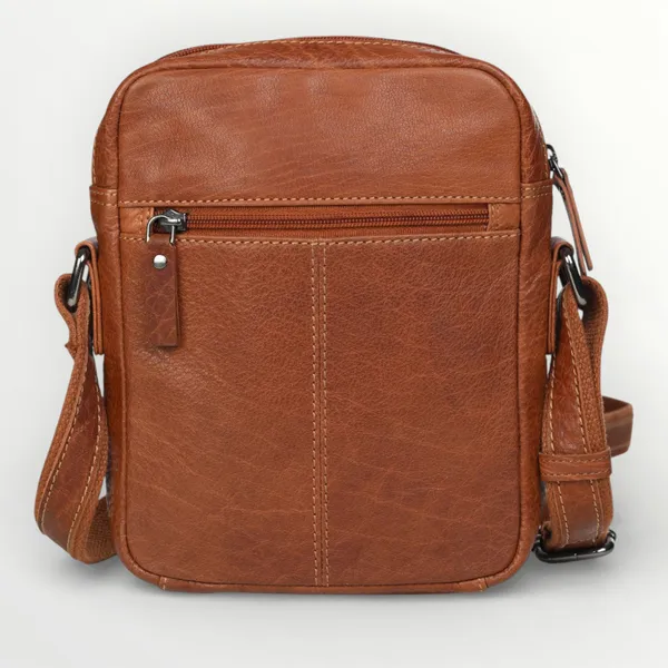 Cognac_Black_Leather_Two-Tone_Front_Zip_Crossbody_Bag_Medium_Size_For_Unisex