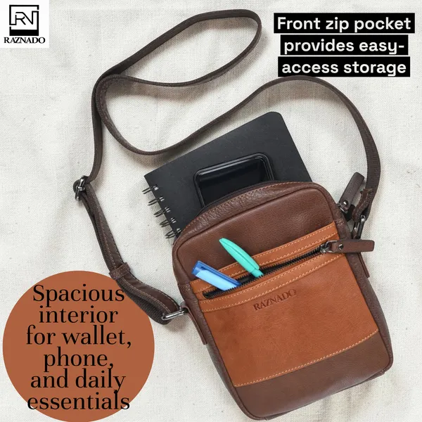 Brown_Cognac_Leather_Two-Tone_Front_Zip_Crossbody_Bag_Medium_Size_For_Unisex