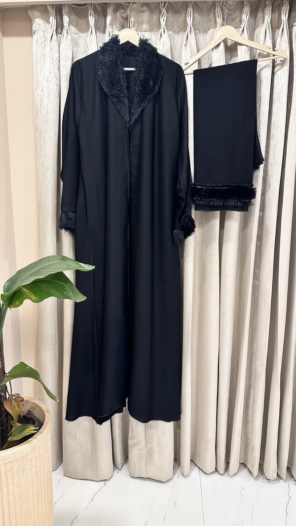 Black_Nida_Fabric_Relaxed_Faux_Fur_Collar_Coat_Abaya_For_Women