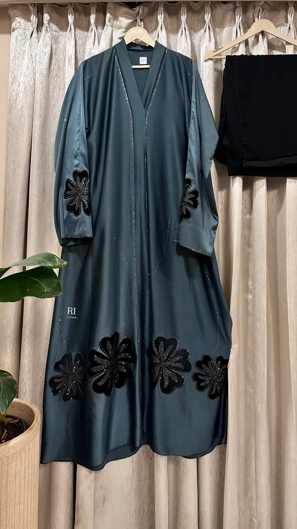 Teal_Flowy_Fabric_Open_Front_Floral_Patch_Abaya_For_Women