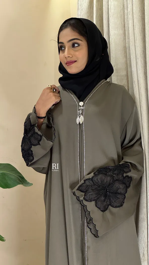 Olive_Tiktok_Fabric_Flowy_Floral_Applique_Abaya_For_Women