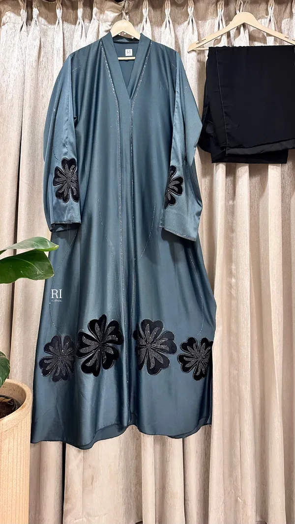 Teal_Flowy_Fabric_Open_Front_Floral_Patch_Abaya_For_Women