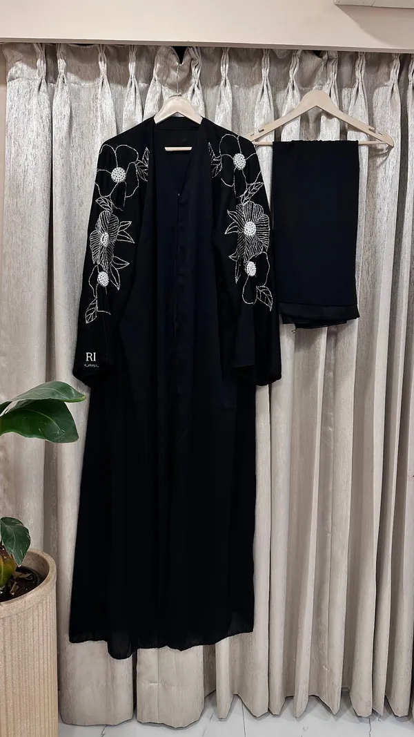 Black_Imported_Fabric_Open_Front_Sequin_Floral_Embroidered_Abaya_For_Women
