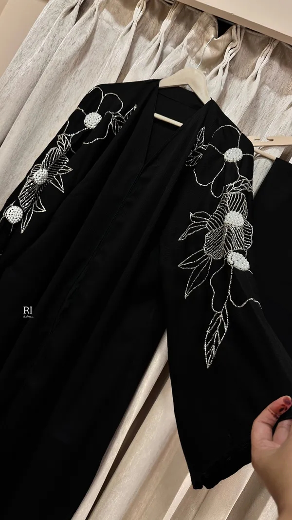 Black_Imported_Fabric_Open_Front_Sequin_Floral_Embroidered_Abaya_For_Women
