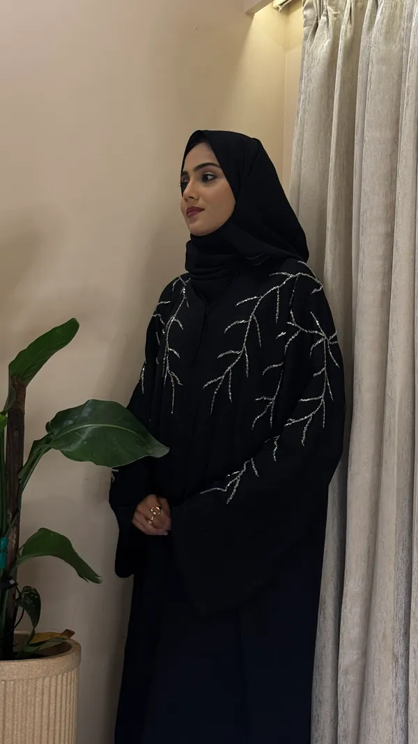 Black_Zoom_Fabric_Bell_Sleeve_Silver_Embroidered_Front_Open_Abaya_With_Hijab_For_Women