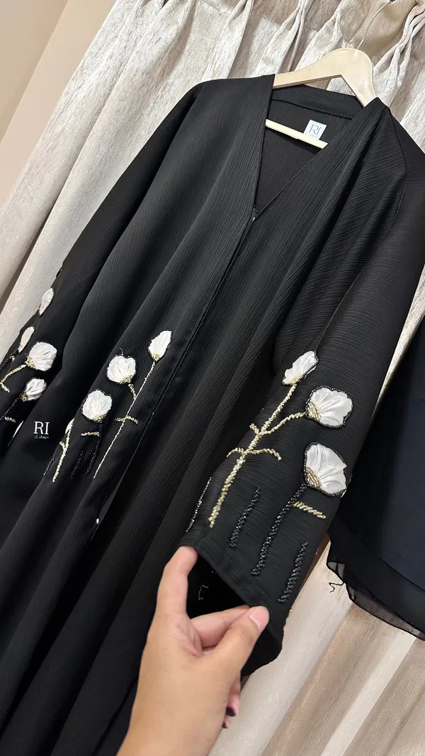 Black_Imported_Fabric_Flowy_Floral_Beaded_Embroidered_Abaya_For_Women