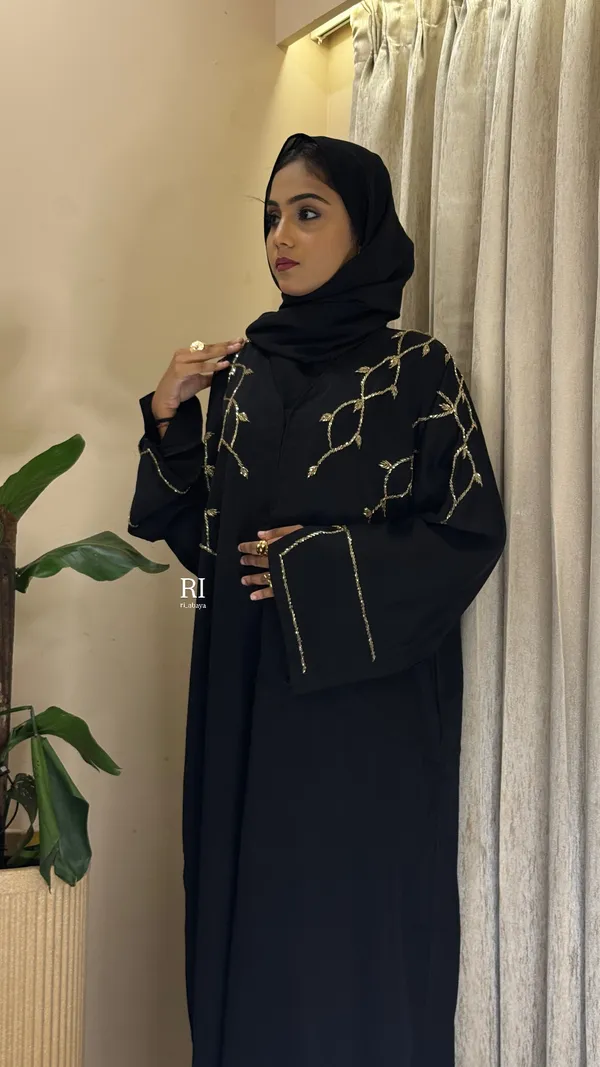 Black_Zoom_Fabric_Wide_Sleeve_Golden_Shoulder_Embroidered_Abaya_With_Hijab_For_Women