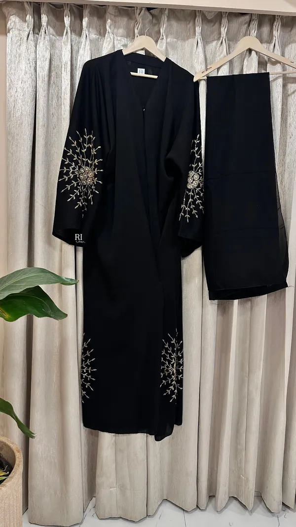 Black_Zoom_Fabric_Relaxed_Fit_Golden_Embroidered_Bridal_Abaya_With_Hijab_For_Women