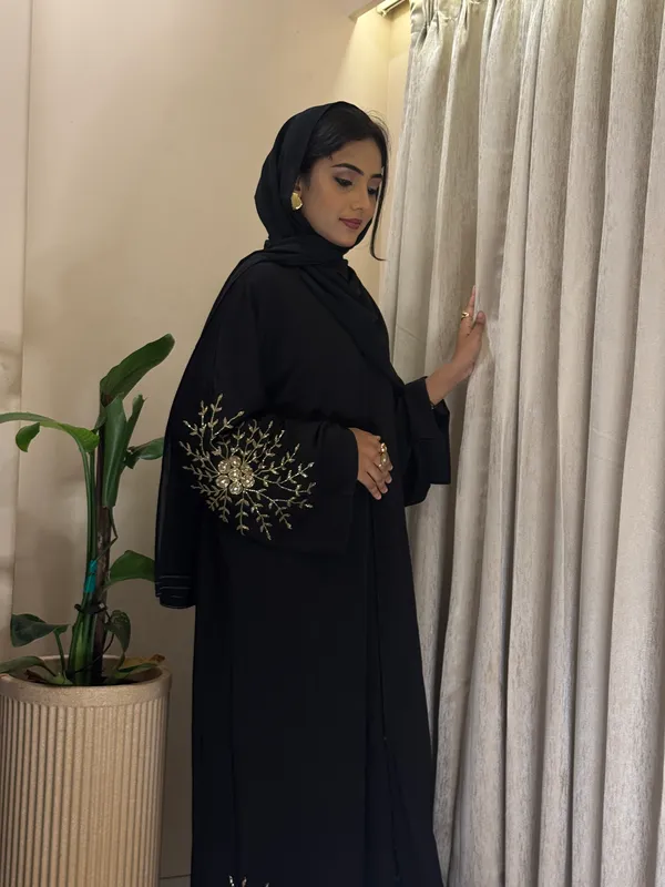 Black_Zoom_Fabric_Relaxed_Fit_Golden_Embroidered_Bridal_Abaya_With_Hijab_For_Women
