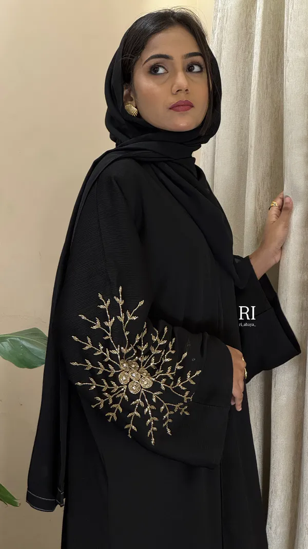 Black_Zoom_Fabric_Relaxed_Fit_Golden_Embroidered_Bridal_Abaya_With_Hijab_For_Women