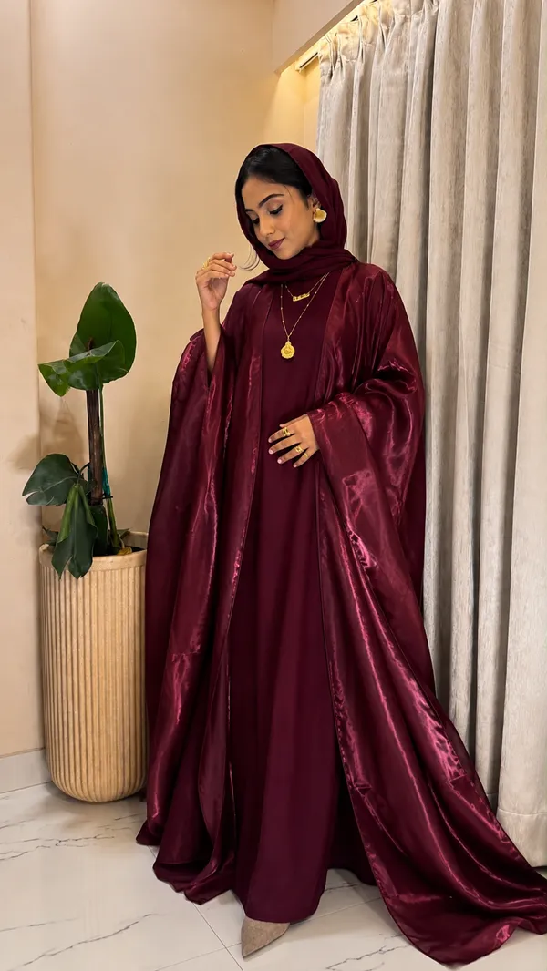 Deep_Maroon_Organza_Flowy_Open_Front_Cape_Abaya_Set_For_Women
