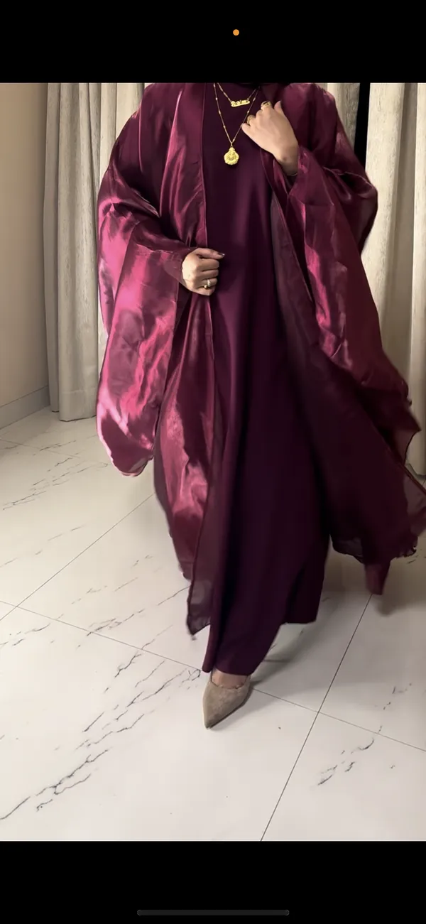 Deep_Maroon_Organza_Flowy_Open_Front_Cape_Abaya_Set_For_Women