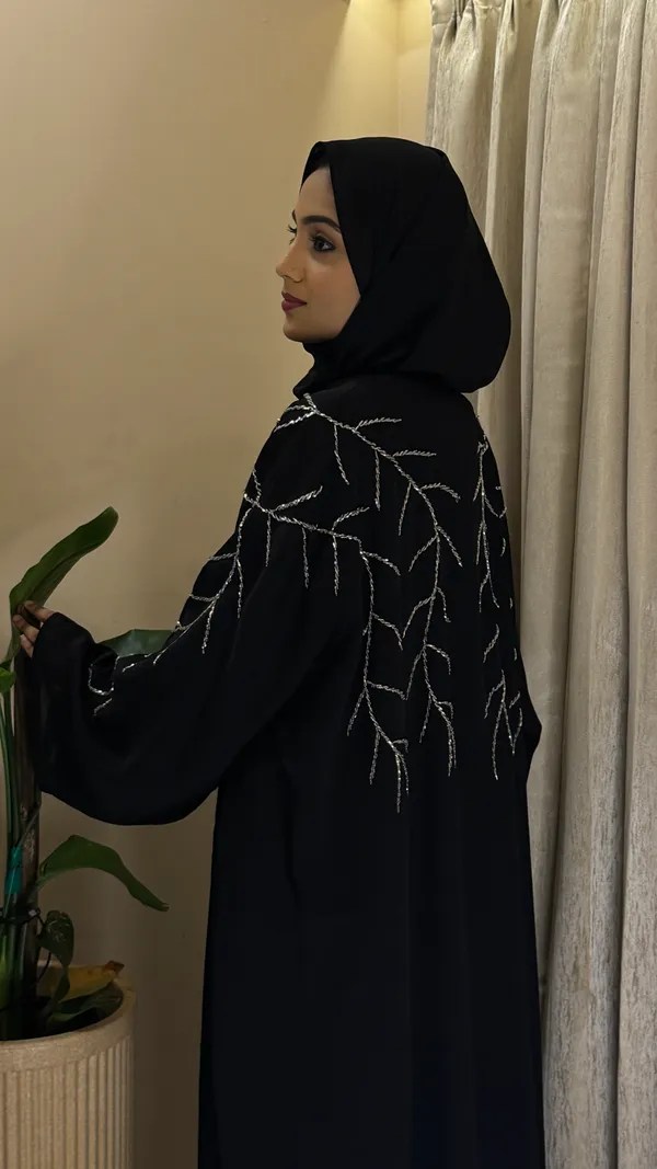 Black_Zoom_Fabric_Bell_Sleeve_Silver_Embroidered_Front_Open_Abaya_With_Hijab_For_Women