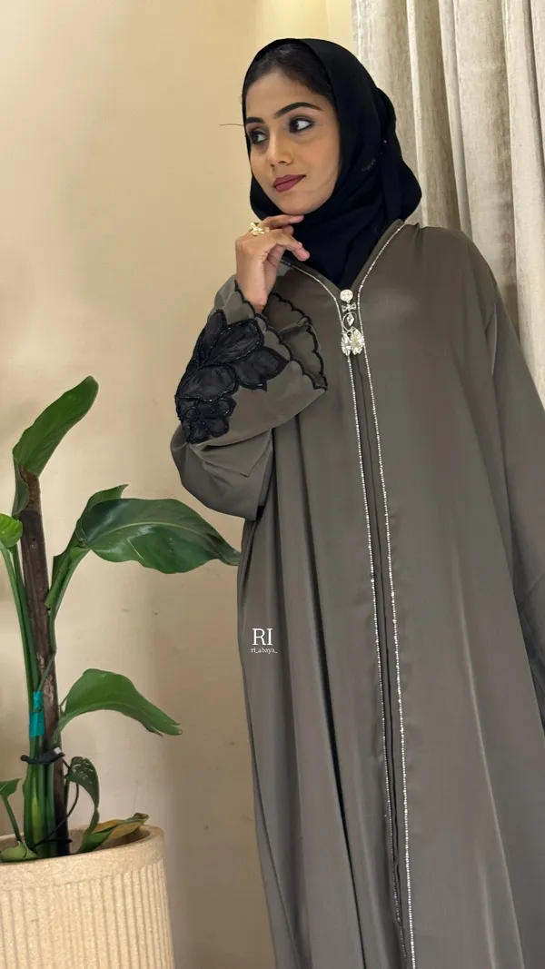 Olive_Tiktok_Fabric_Flowy_Floral_Applique_Abaya_For_Women