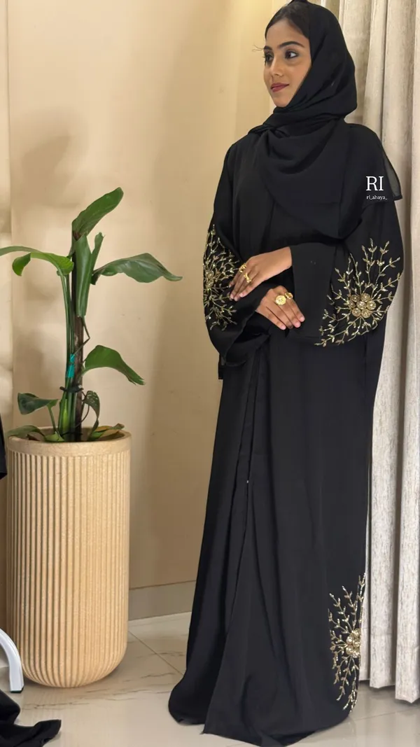 Black_Zoom_Fabric_Relaxed_Fit_Golden_Embroidered_Bridal_Abaya_With_Hijab_For_Women