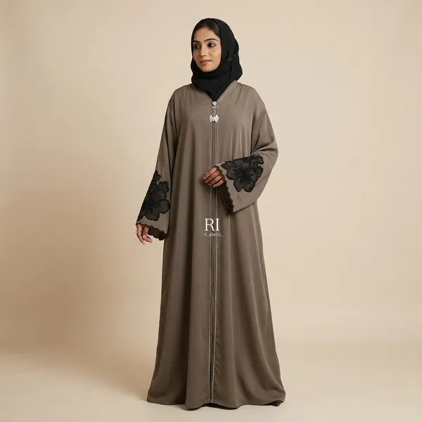 Olive_Tiktok_Fabric_Flowy_Floral_Applique_Abaya_For_Women