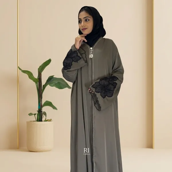 Olive_Tiktok_Fabric_Flowy_Floral_Applique_Abaya_For_Women