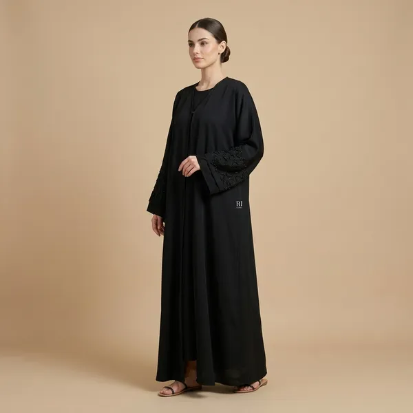 Black_Nida_Fabric_V_Neck_Bead_Embroidered_Abaya_For_Women