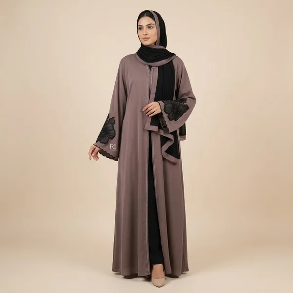 Mauve_Satin_Flowy_Lace_Applique_Sleeve_Abaya_For_Women
