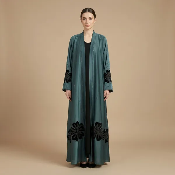 Teal_Flowy_Fabric_Open_Front_Floral_Patch_Abaya_For_Women