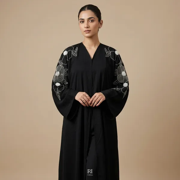 Black_Imported_Fabric_Open_Front_Sequin_Floral_Embroidered_Abaya_For_Women