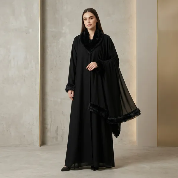 Black_Nida_Fabric_Relaxed_Faux_Fur_Collar_Coat_Abaya_For_Women