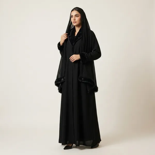 Black_Nida_Fabric_Relaxed_Faux_Fur_Collar_Coat_Abaya_For_Women