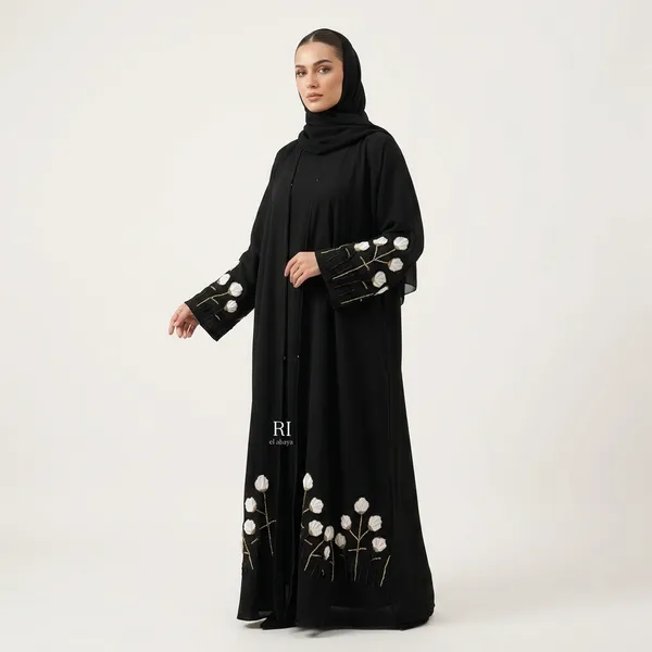 Black_Imported_Fabric_Flowy_Floral_Beaded_Embroidered_Abaya_For_Women