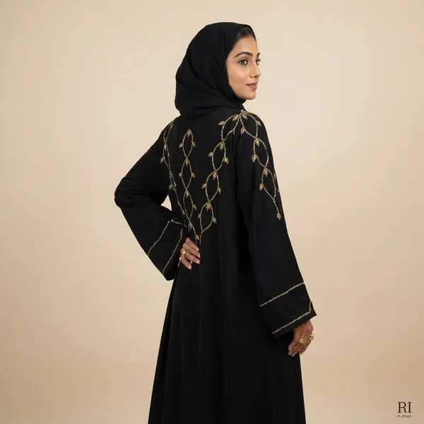 Black_Zoom_Fabric_Wide_Sleeve_Golden_Shoulder_Embroidered_Abaya_With_Hijab_For_Women