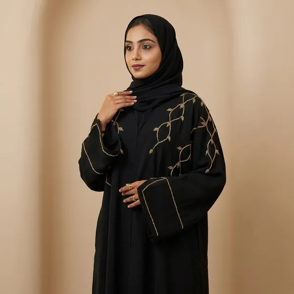 Black_Zoom_Fabric_Wide_Sleeve_Golden_Shoulder_Embroidered_Abaya_With_Hijab_For_Women