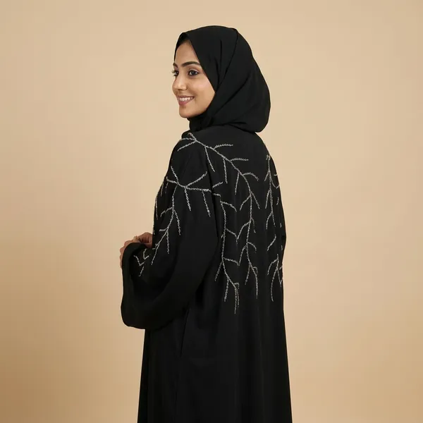 Black_Zoom_Fabric_Bell_Sleeve_Silver_Embroidered_Front_Open_Abaya_With_Hijab_For_Women