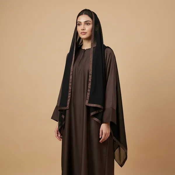 Brown_Tiktok_Fabric_Relaxed_Fit_Zipper_Neck_Flared_Sleeve_Abaya_For_Women