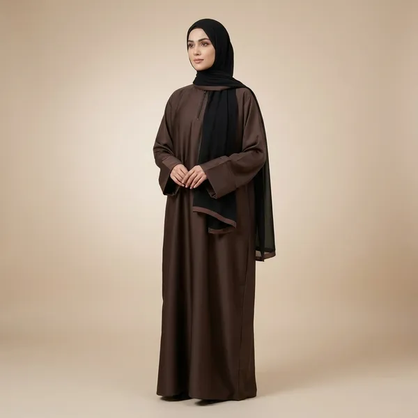 Brown_Tiktok_Fabric_Relaxed_Fit_Zipper_Neck_Flared_Sleeve_Abaya_For_Women