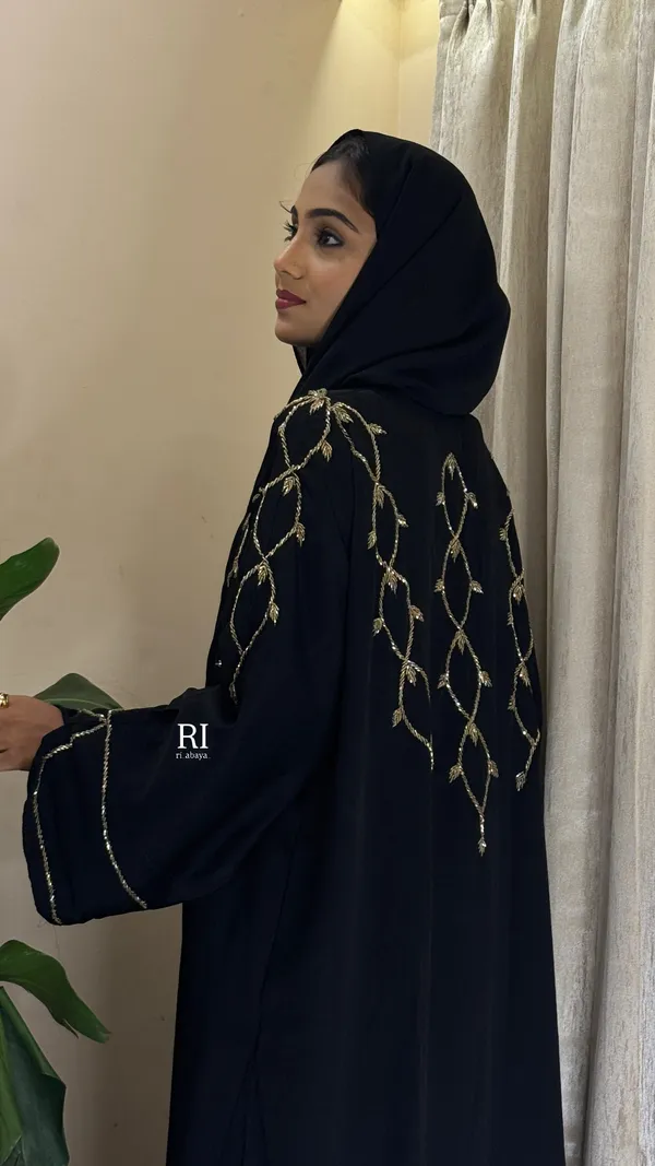 Black_Zoom_Fabric_Wide_Sleeve_Golden_Shoulder_Embroidered_Abaya_With_Hijab_For_Women