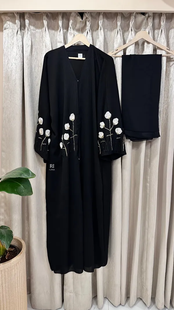 Black_Imported_Fabric_Flowy_Floral_Beaded_Embroidered_Abaya_For_Women